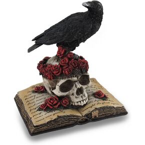 Zeckos Mystical Raven on a Rose-Covered Skull Hand Painted Resin Statue -,Perched Upon 'The Raven' Poetry Book - an Artistic Fusion of Macabre and Literary Allure