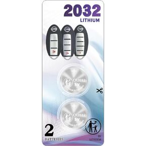 (2 Pack) CR2032 Remote Key FOB Battery OEM Replacement for Nissan (2007-2022+) 370Z Altima Armada GT-R Kicks Leaf Maxima Murano Pathfinder Rogue Sentra Titan Versa