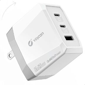 Volcan 65W USB C Charger, GaN Charger Block 3-Port Fast Charger PPS Handy Travel Wall Charger with PD for MacBook, iPhone 15/14/Pro, iPad, Samsung, Motorola, Google Pixel, Xiaomi, Wireless Earbuds