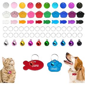 Blank Pet ID Tag, 30 PCS Colorful Blank Dog ID Tags Aluminum Round Fish Cute Paw Pet Tag and 10 PCS Bell for Dogs Cats Pets