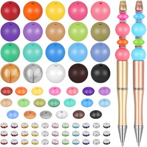 300 Pieces Focal Beads for Pens, 12mm Silicone Lentil Beads, 15mm Silicone Round Beads and 8mm Rhinestone Spacer Beads for Beadable Pen, Keychain Making and Jewelry Making
