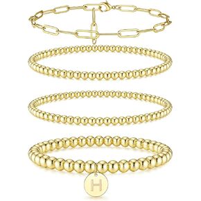 Sanfenly Gold Beaded Initial Bracelets for Women Teen Girls Trendy, Dainty Waterproof 14K Real Gold Plated Stainless Steel Stackable Bead Ball Papercilp Link Chain Bracelets Non Tarnish, Layered Stretch Engraved Letter A-Z Disc Charm Bracelets