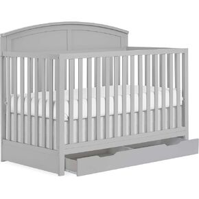Storybrooke 5 in 1 Convertible Crib with Under Drawer in Pebble Grey, JPMA & Greenguard Gold Certified, Made of Sustainable Pinewood, Non-Toxic Water-Based Paint Finish