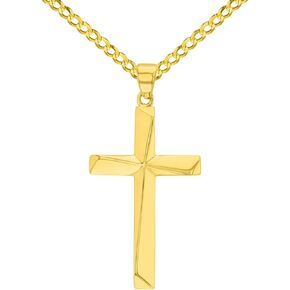 Solid 14K Yellow Gold Elegant Religious Plain Cross Pendant with Cuban Chain Necklace