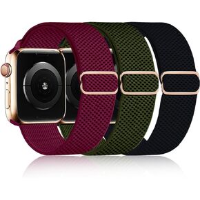 3 Pack Stretchy Nylon Band Compatible with Apple Watch Band 41mm 40mm 38mm Women Men, Adjustable Sport Solo Loop Elastic Strap for iWatch Series Ultra/SE/9/8/7/6/5/4/3/2/1, Starlight/Brown/Black