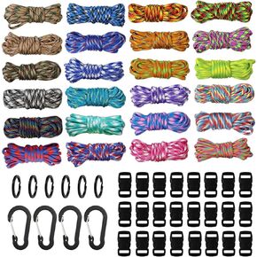 aufodara 24 Colors Paracord Cords 550 Multifunction Paracord Ropes Bracelet Keychain Braided Rope Lanyards Crafting Kit with 24 x Buckles, 6 x Keyrings, 4 x Spring Snap Hooks Keychain Clip