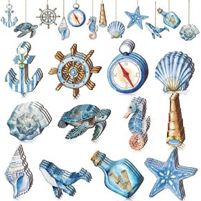 36 Pcs Summer Beach Wooden Ornaments Blue Ocean Tree Decorations Nautical Coastal Theme Hanging Ornaments Anchor Sea Turtle Shell Starfish Sealife Wood Cutouts Summer Decor for Home Tree Party
