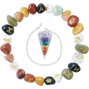 مجموعة أحجار رونية منقوشة من أحجار شاكرا المختلطة (25 قطعة) 950+ قيراط مع حروف أبجدية فوثارك القديمة ومجموعة شفاء للتأمل والتأمل من سبعة شاكرا البندول الحجم: 15-20 ملم in Kuwait