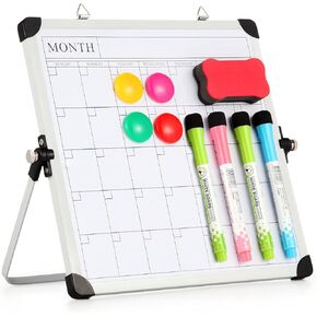Small Whiteboard Dry Erase Boards with Monthly Grid Calendar, Portable White Board Double Sided Magnetic Board Stand, Desktop/Wall Mount White Boards Easel for School, Home, Office(10" x 10")