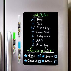 CUHIOY Magnetic Black Dry Erase Board for Fridge 12x8'', Small Magnetic Refrigerator Chalkboard - Stain Free Easy Clean Surface, Fridge Grocery List Magnet Whiteboard, 3 Markers pens and Eraser