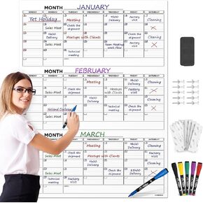 Large 36"x48" Quarterly White Board Calendar Dry Erase Calendar for Wall 3 Month Big Dry Erase Wall Calendar 2023 Monthly Dry Erase Board Planner Includes 6 Markers Eraser Push Pins & Mounting Tape