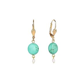 Petite Round Turquoise Leverback Earrings Natural Stone with Freshwater Pearl Deco Dangle Earrings