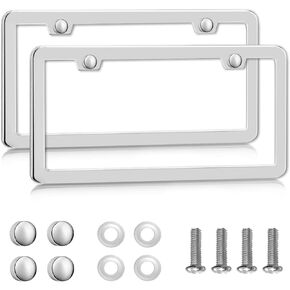 2PCS Car License Plate Frames- Classy, Sleek Silver License Plate Frame- Universal Fit- Rust Proof Stainless Steel License Plate Frame- Easy to Install License Plate Protector- 12.3" Lx6.3