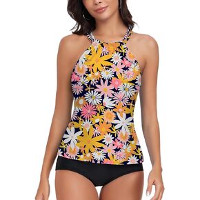 WOWENY Womens Swim Tankini Tops Only High Neck Bathing Suit Tops Slim Fit Swim Tops UPF 50+ Tummy Control Swimsuits No Bottom