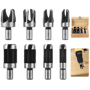 Homaisson 8 Pcs Wood Plug Cutters, 1/4, 3/8, 1/2, 5/8 Drill Bit Set with Wooden Box, Straight and Tapered Cutting Tools for Woodworking, Carbon Steel Cork Drill Bit Kit