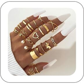 مجموعة خواتم مفصل الذهب 22 قطعة للنساء، مجموعات خواتم مطلية بالذهب، خواتم ذهبية بسيطة وأنيقة، حلقات قابلة للتكديس، خواتم قابلة للتعديل، مجموعة مجوهرات in Kuwait