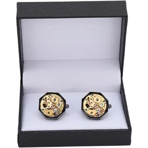 Mens Cufflinks, 2Pcs Cuff Links Watch Movement Design Silver Black Fadeless Brass Polished Surface Cuff Links for Men Mens Shirt Vintage Gears Watch Cuff Links Business Wedding Gifts with Gift Box