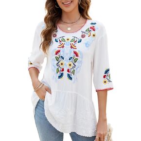 Women's Embroidered Tops 3/4 Sleeve Mexican Blouses Shirts Round Neck Dressy Tunics Peasant Tops Loose Fit for Leggings