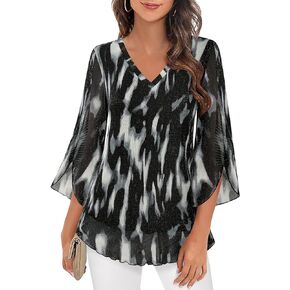 Women Ruffle 3/4 Sleeve V Neck Double Layers Sparkly Blouses Loose Fit Dressy Tunic Tops