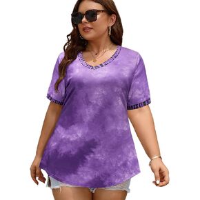 Plus Size Tunic Tops for Women Tie Dye Loose Fit V-Neck Blouse Casual Summer Short Sleeve Color Block T-Shirt 1X-5X
