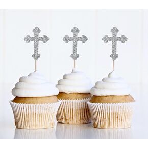 12 x Silver Christian Cross Cupcake Topper | Christening Cupcake Topper