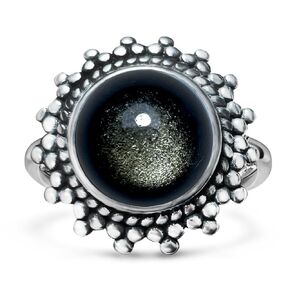 Round Natural Black Obsidian Stone Ring,S925 Sterling Silver Retro Antique Real Genuine Crystal Quartz Gemstone Boho Bohemian Statement Ring for Women (Ring_A, 6)