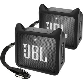 زوج من غطاء السيليكون الواقي لجراب JBL GO2، حقيبة حمل لطيفة مضادة للصدمات أثناء السفر لهاتف JBL GO 2 غطاء مكبر صوت مع حزام معصم قابل للتعديل - أسود