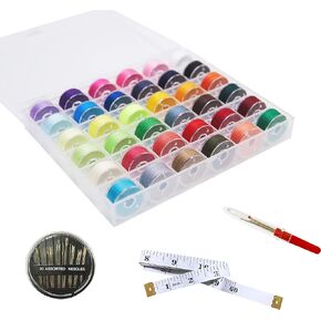 72 PCs Assorted Color Bobbins with Storage case Compatible for Brother, Babylock, Janome and Singer etc (SA156)- 40 Weight- Comes with Soft Tape Measures, Assorted Needles, and Seam Rippers