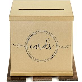 Gold Gift Card Box Holder with Black Foil Design, Large 10 x 10 Inches with Envelope Slot for Weddings, Baby & Bridal Showers, Graduations, Birthdays, Parties, Funerals, Money