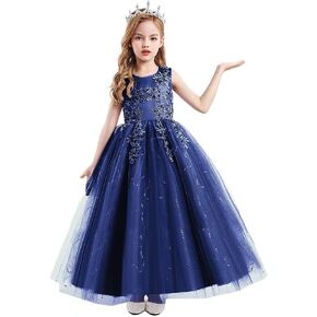 Flower Girls Embroidered Lace Sequins Tulle Dress Pageant Wedding Birthday Party Communion Formal Evening Long Gown