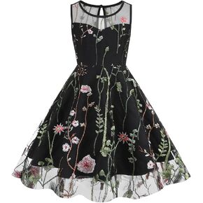 IMEKIS Kids Girls Embroidered Floral Lace Dress Sheer Round Neck Sleeveless Cocktail Swing Dress Flower Girls Gown