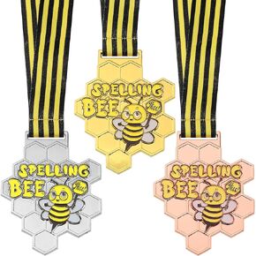 3 Pcs Spelling Bee Honeycomb Medal Gold Silver Bronze Spelling Bee Award Medals with Neck Ribbon 3.2 x 2.8 inches Spelling Bee Trophy for Kids Adults Competitions Party Supplies