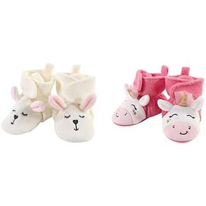Hudson Baby Girl Cozy Fleece Booties 2-Pack, Modern Bunny Pink Star Unicorn, 0-6 Months