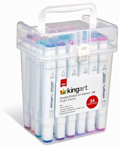 KINGART 424-24A PRO Double-Ended Alcohol Ink Art Markers, 24 BRIGH TColors, Fine Point & Chisel Tips, Permanent with Superior Blendability, Includes Plastic Case, 24 Pc. in Saudi Arabia