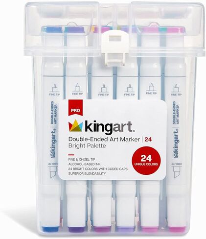 KINGART 424-24A PRO Double-Ended Alcohol Ink Art Markers, 24 BRIGH TColors, Fine Point & Chisel Tips, Permanent with Superior Blendability, Includes Plastic Case, 24 Pc. in Saudi Arabia