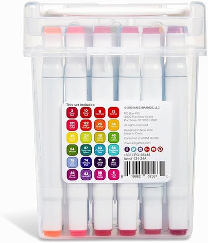 KINGART 424-24A PRO Double-Ended Alcohol Ink Art Markers, 24 BRIGH TColors, Fine Point & Chisel Tips, Permanent with Superior Blendability, Includes Plastic Case, 24 Pc. in Saudi Arabia