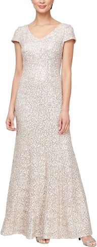 Alex Evenings Women's Long Rosette Lace Cap Sleeve Gown, Formal Dress for Mother of The Bride and Special Occasions in Saudi Arabia