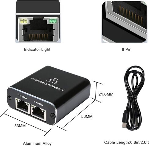 QSFPTEK 1 Gigabit Ethernet Splitter, 1000Mbps Ethernet RJ45 Splitter 1 to 2 (2 Devices Simultaneously Networking), 1000M Ethernet LAN RJ-45 Internet Adapter with USB Type C Power Cable for Cat6/7/8 in Saudi Arabia