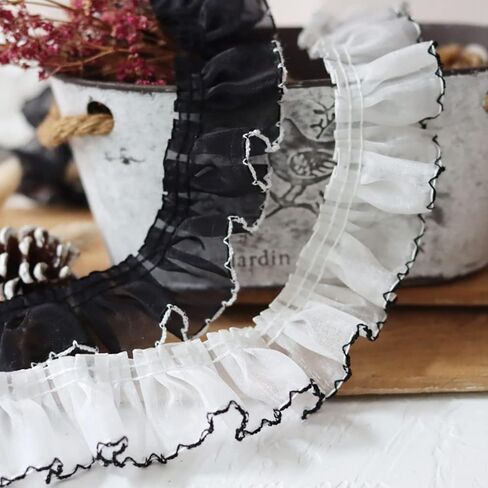 3 Yards Ruffled Pleated Lace Fabric Trim Pleated Chiffon Black and White Matching Dress Decoration Tulle Fabric Applique Trimming Craft Sewing DIY Craft Sewing Decoration (3 Yards, White) in Saudi Arabia