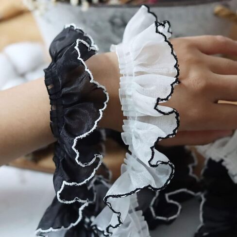 3 Yards Ruffled Pleated Lace Fabric Trim Pleated Chiffon Black and White Matching Dress Decoration Tulle Fabric Applique Trimming Craft Sewing DIY Craft Sewing Decoration (3 Yards, White) in Saudi Arabia