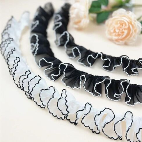 3 Yards Ruffled Pleated Lace Fabric Trim Pleated Chiffon Black and White Matching Dress Decoration Tulle Fabric Applique Trimming Craft Sewing DIY Craft Sewing Decoration (3 Yards, White) in Saudi Arabia