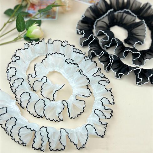 3 Yards Ruffled Pleated Lace Fabric Trim Pleated Chiffon Black and White Matching Dress Decoration Tulle Fabric Applique Trimming Craft Sewing DIY Craft Sewing Decoration (3 Yards, White) in Saudi Arabia