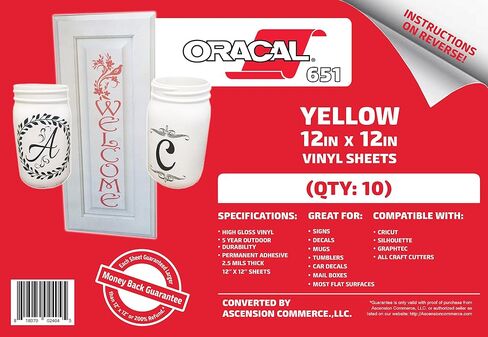 (10 ورقات) فينيل Oracal 651 لاصق أصفر للكريكات والصورة الظلية والنقش وقواطع الحرف اليدوية والطابعات والشارات - 12 بوصة × 12 بوصة - لمسة نهائية لامعة - خارجية ودائمة in Saudi Arabia