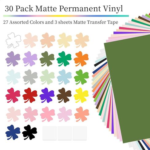 حزمة فينيل لاصقة من الفينيل - 30 ورقة مقاس 30.48 سم × 30.48 سم من الفينيل الدائم غير اللامع 27 عبوة من الفينيل اللاصق بألوان متنوعة لملصق السيارة، ملصق ديكور (مع 3 ورق نقل) in Kuwait