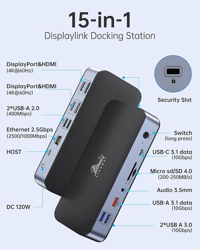 DisplayLink Docking Station Dual Monitor, LIONWEI USB C Dock for MacBook M1 M2/Windows with 2 HDMI,2 DisplayPort,2.5 Gigabit Ethernet,120W DC Power Supply,6 USB Ports,SD/Micro sd,Audio in Saudi Arabia