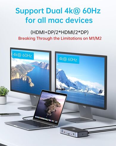 DisplayLink Docking Station Dual Monitor, LIONWEI USB C Dock for MacBook M1 M2/Windows with 2 HDMI,2 DisplayPort,2.5 Gigabit Ethernet,120W DC Power Supply,6 USB Ports,SD/Micro sd,Audio in Saudi Arabia