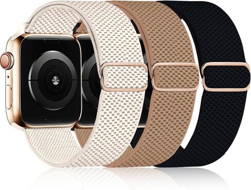 3 Pack Stretchy Nylon Band Compatible with Apple Watch Band 41mm 40mm 38mm Women Men, Adjustable Sport Solo Loop Elastic Strap for iWatch Series Ultra/SE/9/8/7/6/5/4/3/2/1, Starlight/Brown/Black in Saudi Arabia