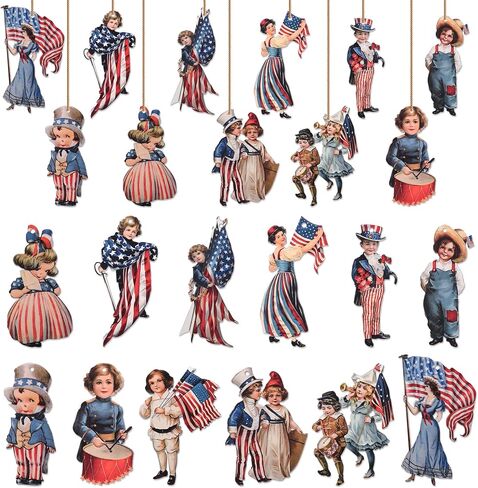 36 Pcs Patriotic Tree Hanging Ornaments Vintage Independence Day Wooden Cutout Christmas in July Hanging Slices Pendants with Rope for Memorial Day Home Party Decor in Saudi Arabia