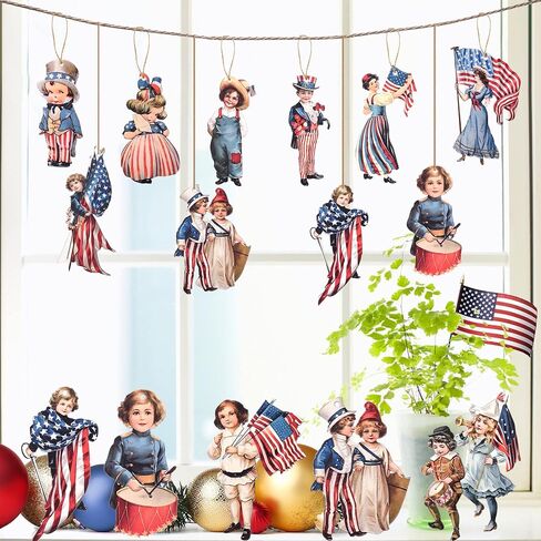 36 Pcs Patriotic Tree Hanging Ornaments Vintage Independence Day Wooden Cutout Christmas in July Hanging Slices Pendants with Rope for Memorial Day Home Party Decor in Saudi Arabia