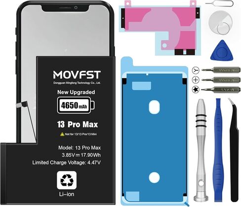 بطارية بديلة لهاتف iPhone 13 Pro Max، بطارية ليثيوم أيون بوليمر عالية السعة 4650 مللي أمبير في الساعة تناسب هاتف iPhone 13 Pro Max موديل A2645 A2644 A2643 A2641 A2484 مع مجموعة أدوات إصلاح in Kuwait
